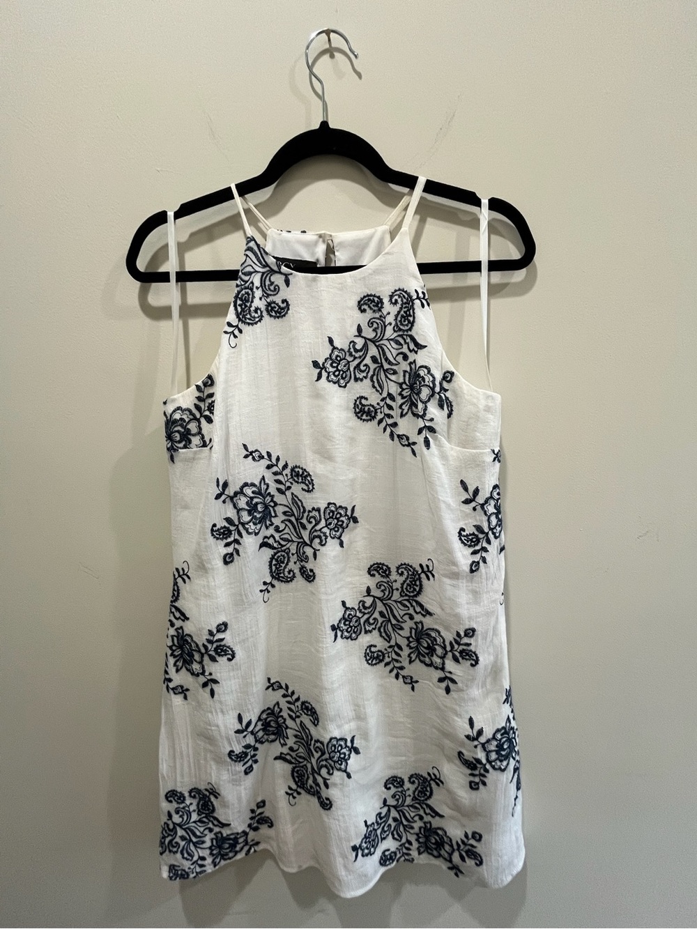 BCX Mini Halter Dress - White with Navy Blue Embroidery